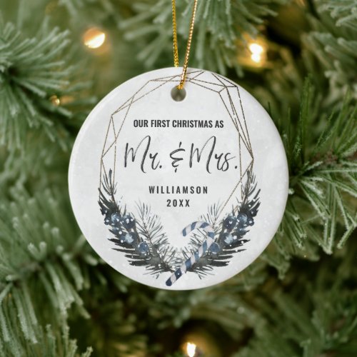 Modern Our First Christmas As Mr  Mrs Photo Ceramic Ornament
