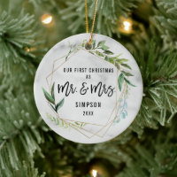 Modern Our First Christmas As Mr & Mrs Photo Ceramic Ornament