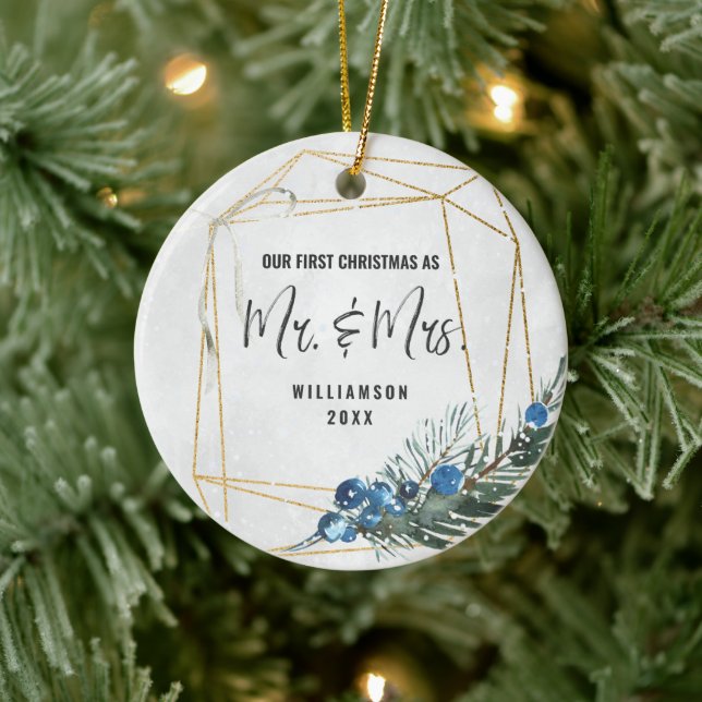 Modern Our First Christmas As Mr & Mrs Photo Ceramic Ornament (Tree)