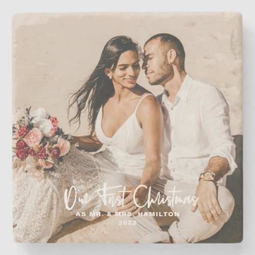 Modern Our First Christmas as Mr  Mrs Photo  Stone Coaster