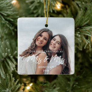 Modern Our First Christmas as Mrs and Mrs photo Ceramic Ornament