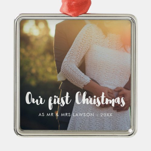 Modern Our First Christmas couple photo Metal Ornament