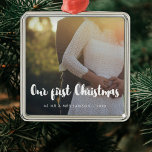 Modern Our First Christmas couple photo Metal Ornament<br><div class="desc">A modern typography for this photo ornaments collection. To customize with your favorite picture. You can also easily change the color of the font to your liking.</div>