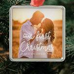 Modern Our First Christmas couple photo Metal Ornament<br><div class="desc">A modern typography for this photo ornaments collection. To customize with your favorite picture. You can also easily change the color of the font to your liking.</div>