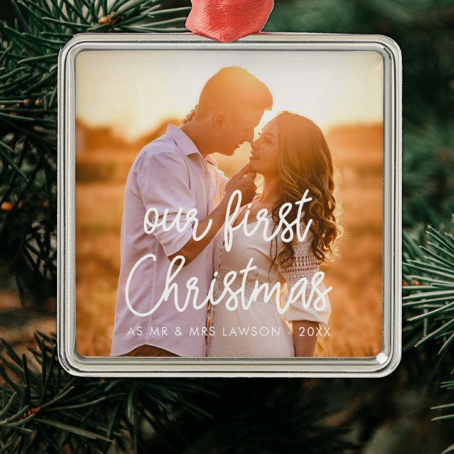 Modern Our First Christmas couple photo Metal Ornament (Creator Uploaded)