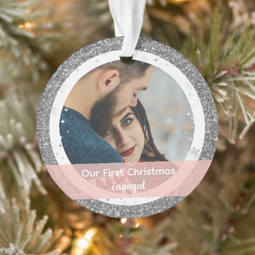 Modern Our First Christmas Engaged 2 Photos Ornament