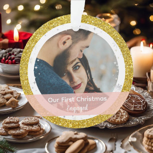 Modern Our First Christmas Engaged 2 Photos Ornament