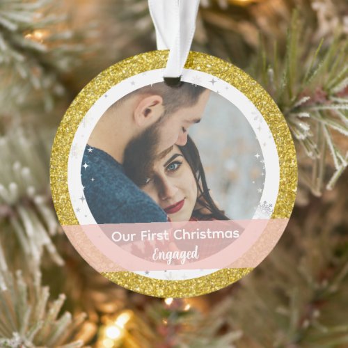 Modern Our First Christmas Engaged 2 Photos Ornament