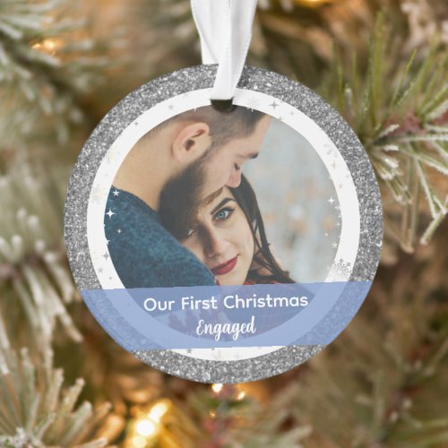 Modern Our First Christmas Engaged 2 Photos Ornament