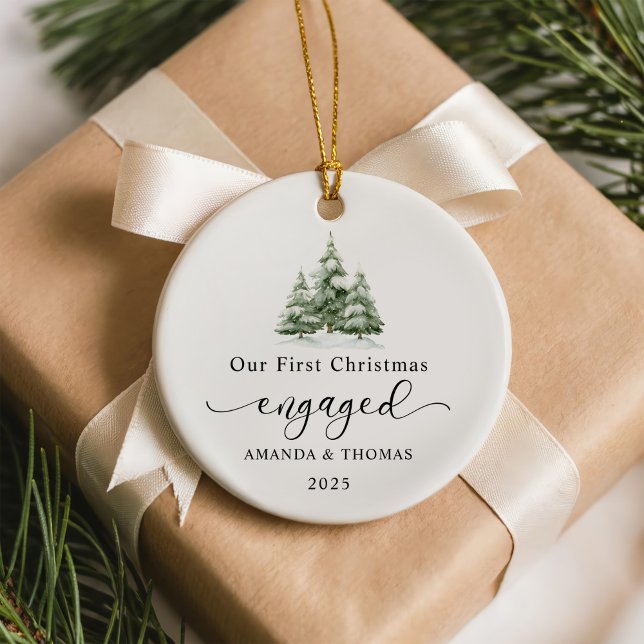 Modern Our First Christmas Engaged Photo Ceramic Ornament (Creator Uploaded)