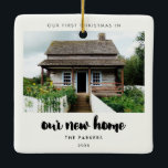 Modern Our First Christmas in our new home Ceramic Ornament<br><div class="desc">Our first Christmas in our new home: a modern typography and a simple design for this photo ornament gift. To customize with your favorite picture. You can also easily change the color of the font to your liking. A perfect housewarming gift or family keepsake to celebrate your First Christmas in...</div>
