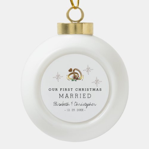 Modern Our First Christmas Married  Ceramic Ball Christmas Ornament