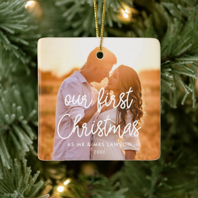 Modern Our First Christmas Married Couple Photo Ceramic Ornament (Tree)