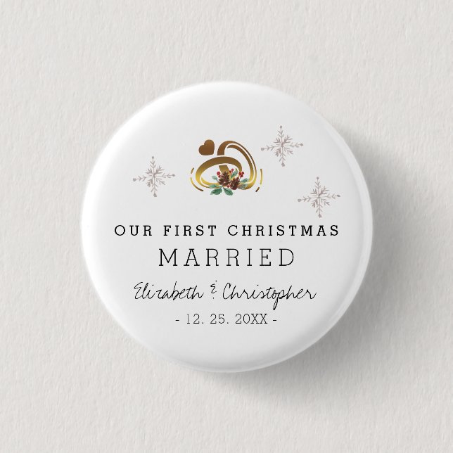 Modern Our First Christmas Married Holiday Button (Front)