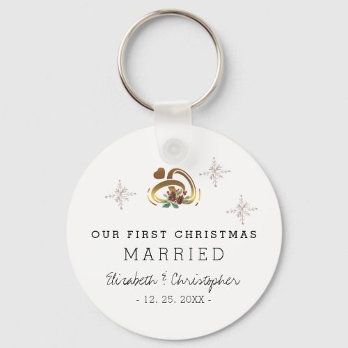 Modern Our First Christmas Married Holiday Keychain