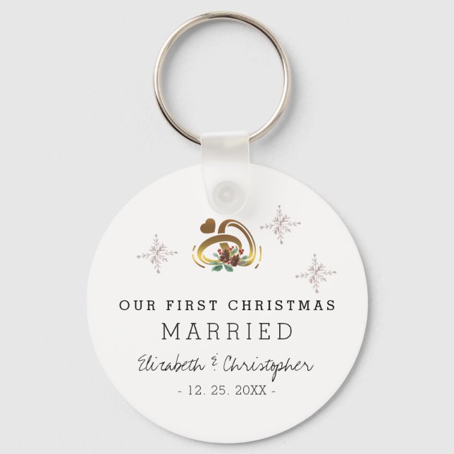 Modern Our First Christmas Married Holiday Keychain (Front)