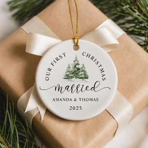 Modern Our First Christmas Married Photo Ceramic Ornament