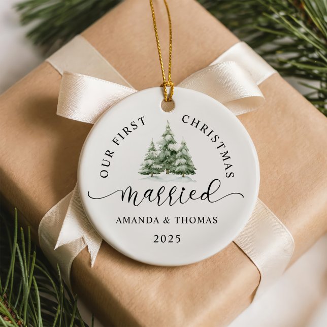 Modern Our First Christmas Married Photo Ceramic Ornament (Creator Uploaded)