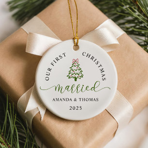 Modern Our First Christmas Married Photo Ceramic Ornament