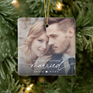 Modern Our First Christmas Married Photo Script Ceramic Ornament