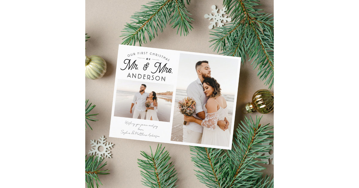 Modern Our First Christmas Mr. and Mrs. Two Photo Announcement Postcard ...