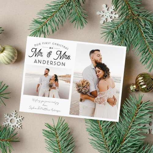 Modern Our First Christmas Mr and Mrs Two Photo  Announcement Postcard