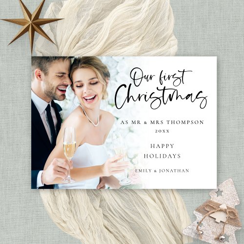 Modern Our First Christmas Mr Mrs Photo Holiday Card