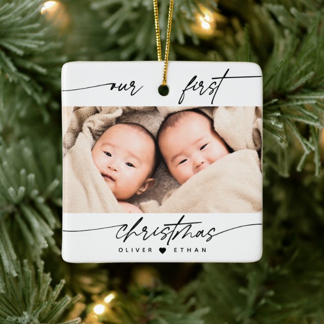 Modern Our First Christmas Photo New Parent Twins Ceramic Ornament (Tree)