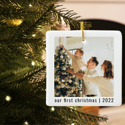 Modern Our First Christmas | Two Photos  Ceramic Ornament
