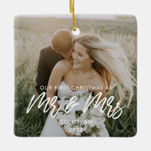Modern Our First Christmas wedding photo Ceramic Ornament