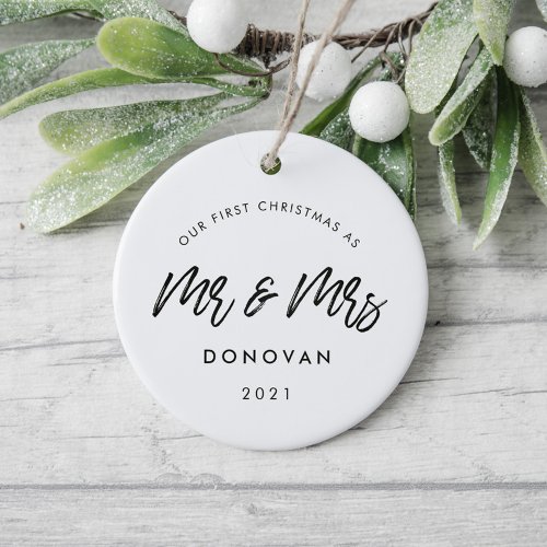 Modern Our First Christmas wedding photo Ceramic Ornament