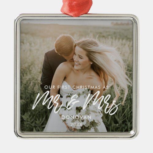 Modern Our First Christmas wedding photo Metal Ornament