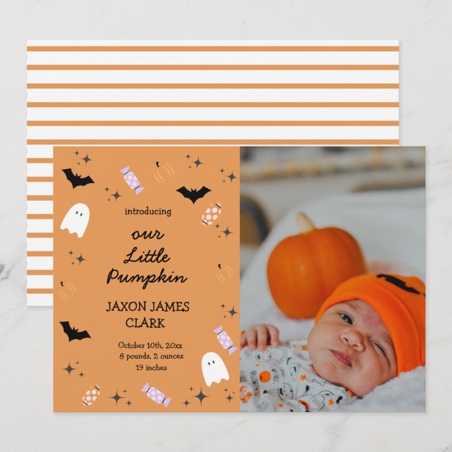 Modern Our Little Pumpkin Halloween Birth Announce Announcement (Front/Back)