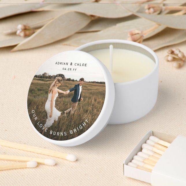 Modern Our Love Burns Bright Custom Photo Wedding Mini Candle Favors (Insitu)