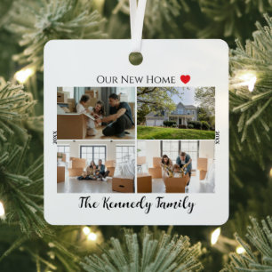 Modern Our New Home Custom Family 4 Photo Collage Metal Ornament