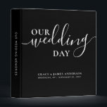 Modern Our Wedding Day Couple Black Wedding Album 3 Ring Binder<br><div class="desc">Elegant Our Wedding Day Script Typography White Script Name Wedding Memories Album Story 3 ring binder</div>