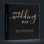 Modern Our Wedding Day Couple Black Wedding Album 3 Ring Binder<br><div class="desc">Elegant Our Wedding Day Script Typography White Script Name Wedding Memories Album Story 3 ring binder</div>