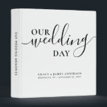 Modern Our Wedding Day Script Couple Wedding Album 3 Ring Binder<br><div class="desc">Elegant Our Wedding Day Script Typography White Script Name Wedding Memories Album Story 3 ring binder</div>