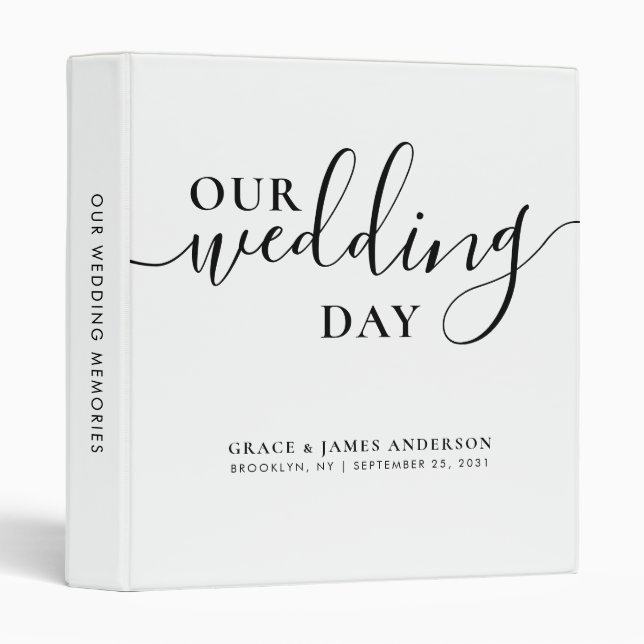 Modern Our Wedding Day Script Couple Wedding Album 3 Ring Binder (Front/Spine)