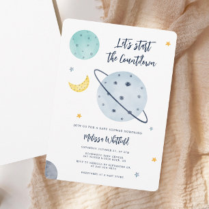 Modern Outer Space Script Boy Baby Shower Invitation