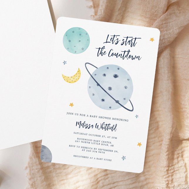 Modern Outer Space Script Boy Baby Shower Invitation (Modern Outer Space Script Boy Baby Shower Invitation)