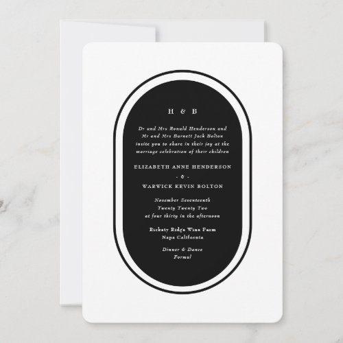 Modern Oval Arch Line Black White Monogram Wedding Invitation
