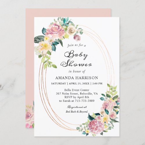 Modern Oval Frame Pastel Blush Floral Baby Shower Invitation