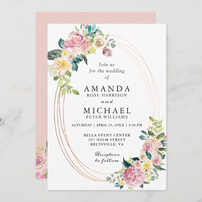 Modern Oval Frame Pastel Blush Floral Wedding Invitation (Front/Back)