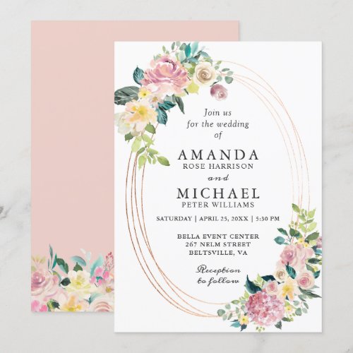 Modern Oval Frame Pastel Blush Floral Wedding Invitation