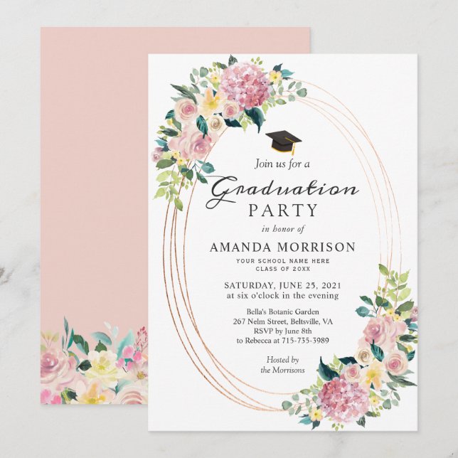Modern Oval Frame Pastel Floral Graduation Party Invitation (Front/Back)