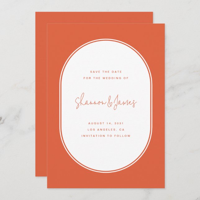 Modern Oval Frame Photo Sunset Orange Wedding Save The Date (Front/Back)