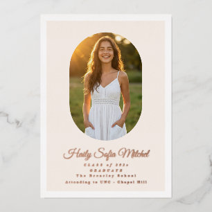 Modern Oval High School Photo Graduation Rose Gold Foil Invitation