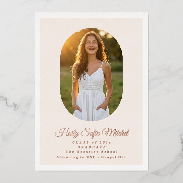 Modern Oval High School Photo Graduation Rose Gold Foil Invitation (Front)