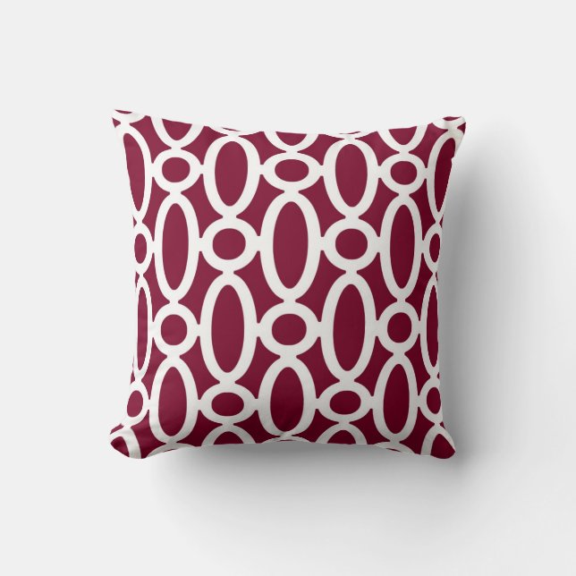 Modern Oval Links Pattern in Cranberry and White Throw Pillow (Front)